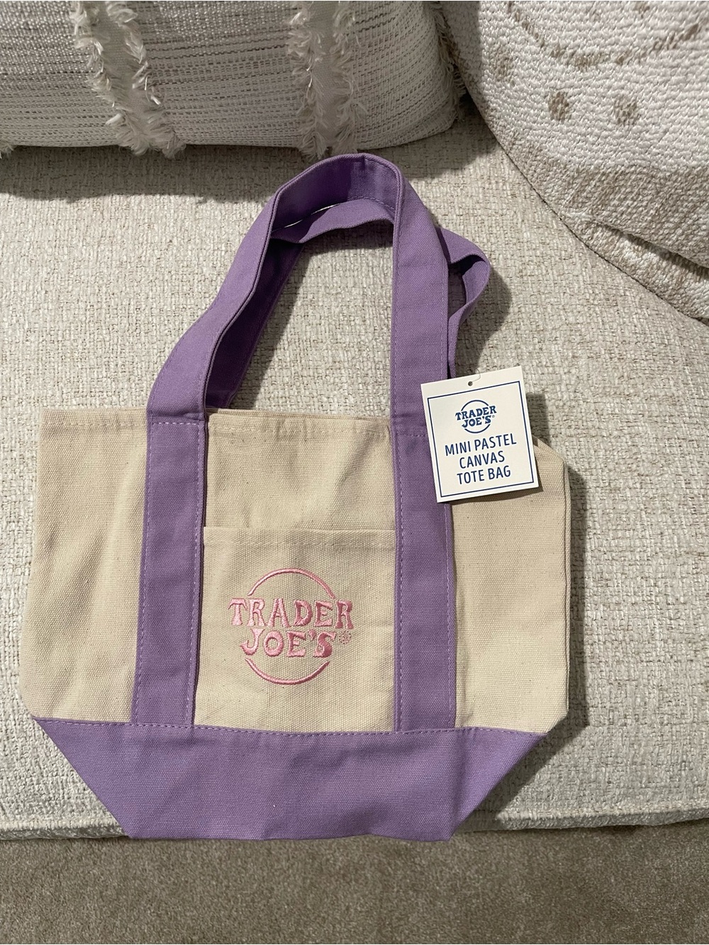 Trader Joe's Mini Canvas Tote in Beige with Lavender Trim